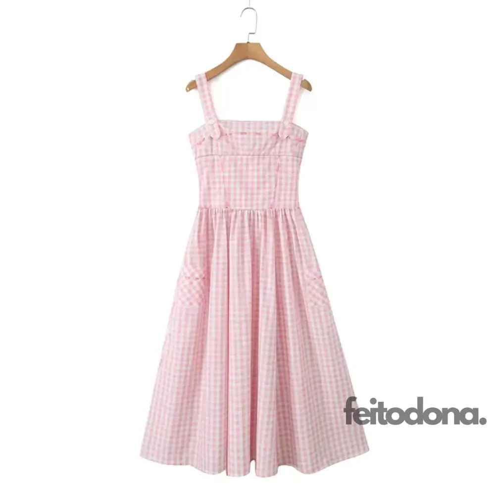 Vestido Midi Xadrez Rosa