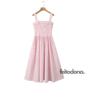 Vestido Midi Xadrez Rosa