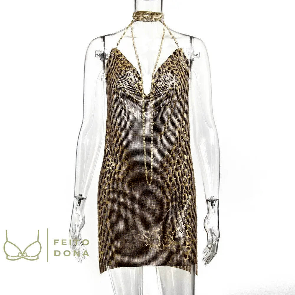 Vestido Party Charmaint Leopardo Dourado / P