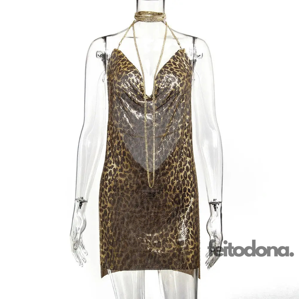 Vestido Party Charmaint Leopardo Dourado / P