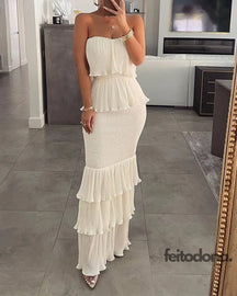 Sexy Dress Hot Women Chest Wrapping Summer Ruffled Ruched Hem Slim Sleeveless Pullover Long Dresses