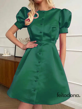 Vgh Solid Mini Dress Female Round Neck Puff Sleeve Single Breasted High Waist Casual Fashion Dresses