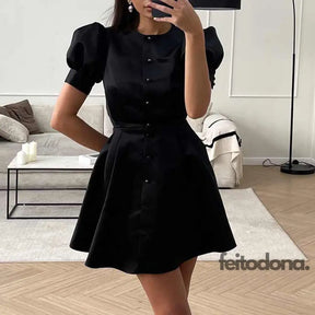 Vgh Solid Mini Dress Female Round Neck Puff Sleeve Single Breasted High Waist Casual Fashion Dresses