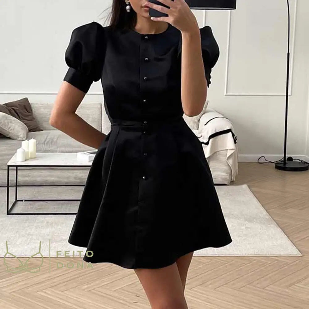 Vgh Solid Mini Dress Female Round Neck Puff Sleeve Single Breasted High Waist Casual Fashion Dresses