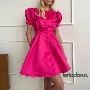 Vgh Solid Mini Dress Female Round Neck Puff Sleeve Single Breasted High Waist Casual Fashion Dresses