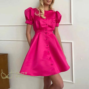 Vgh Solid Mini Dress Female Round Neck Puff Sleeve Single Breasted High Waist Casual Fashion Dresses