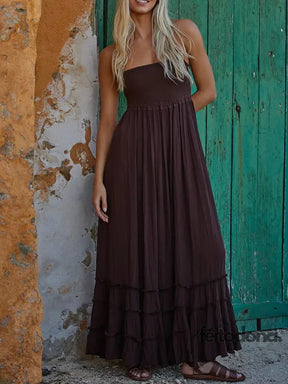 Casual Ruffled Pleated Hem Backless Party Dress Women Solid Color Halter Neck Long Dresses Beach