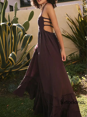 Casual Ruffled Pleated Hem Backless Party Dress Women Solid Color Halter Neck Long Dresses Beach