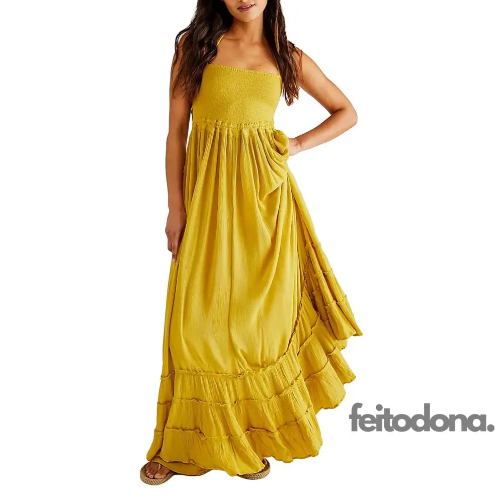 Casual Ruffled Pleated Hem Backless Party Dress Women Solid Color Halter Neck Long Dresses Beach