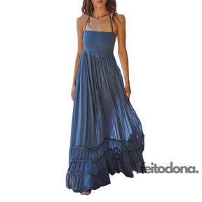 Casual Ruffled Pleated Hem Backless Party Dress Women Solid Color Halter Neck Long Dresses Beach