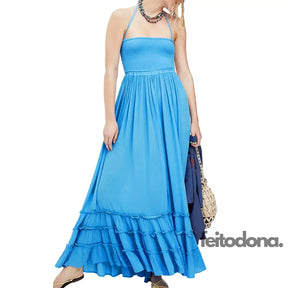 Casual Ruffled Pleated Hem Backless Party Dress Women Solid Color Halter Neck Long Dresses Beach