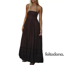 Casual Ruffled Pleated Hem Backless Party Dress Women Solid Color Halter Neck Long Dresses Beach