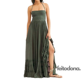 Casual Ruffled Pleated Hem Backless Party Dress Women Solid Color Halter Neck Long Dresses Beach