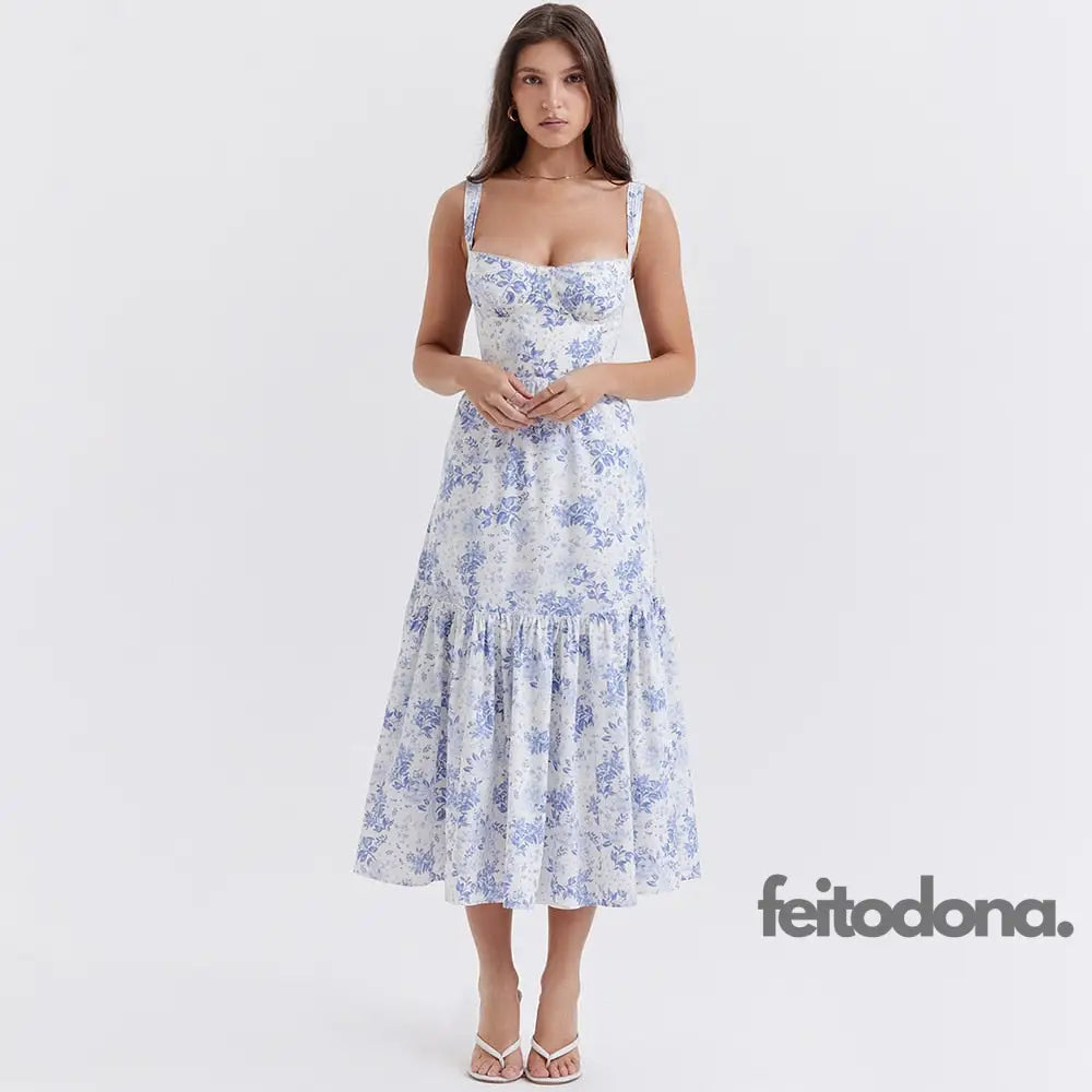 Suninheart Summer Blue Midi Floral Print Holiday Dress Elegant Spaghetti Strap Full Skirt Go Out