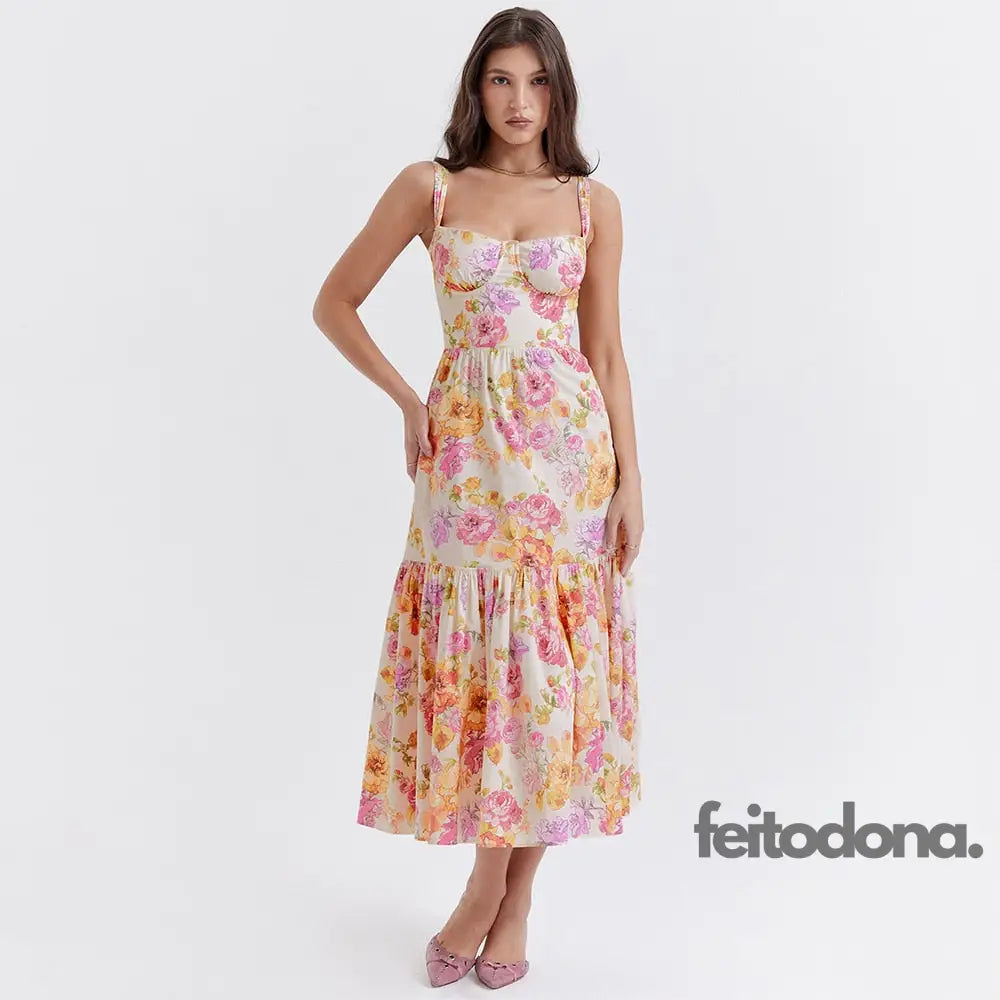 Suninheart Summer Blue Midi Floral Print Holiday Dress Elegant Spaghetti Strap Full Skirt Go Out