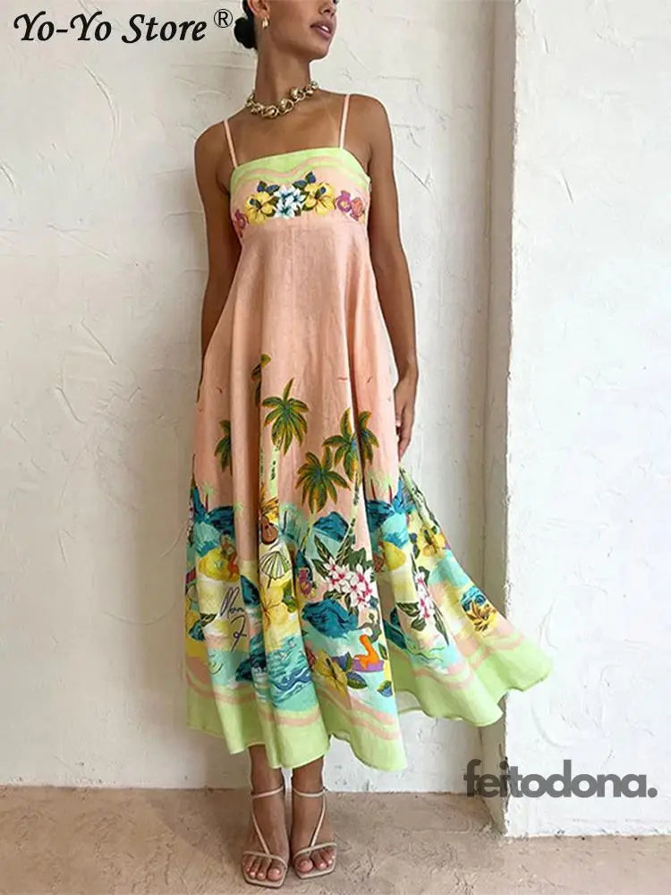 Floral Print A Lline Dress Women Sleeveless Tube Top High Waist Elegant Dresses 2023 Summer Fashion