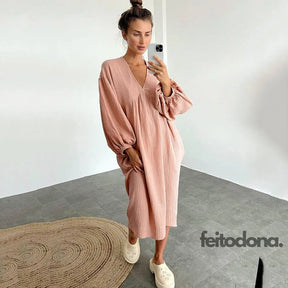 Women Nightdress Lantern Long-Sleeved Skirt Sleepwear V-Neck Cotton Crepe Loose Homewear Elegant