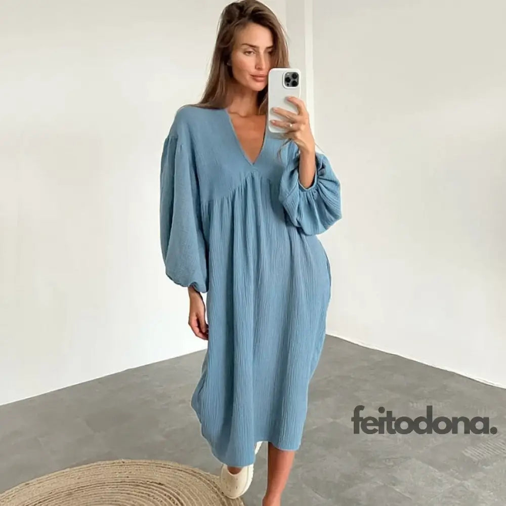 Women Nightdress Lantern Long-Sleeved Skirt Sleepwear V-Neck Cotton Crepe Loose Homewear Elegant