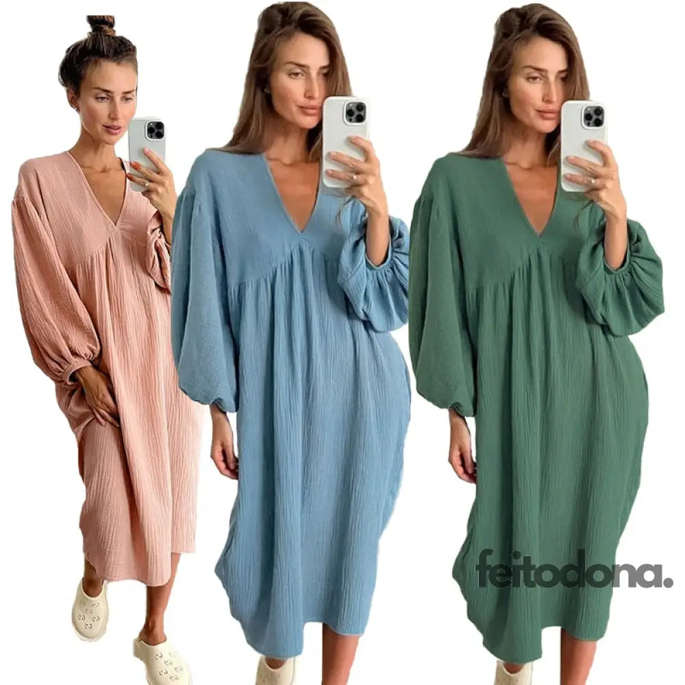 Women Nightdress Lantern Long-Sleeved Skirt Sleepwear V-Neck Cotton Crepe Loose Homewear Elegant