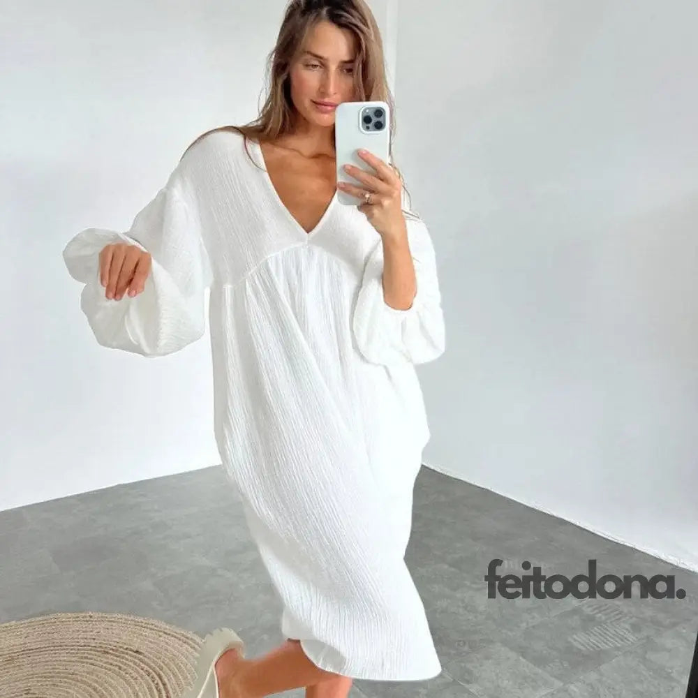 Women Nightdress Lantern Long-Sleeved Skirt Sleepwear V-Neck Cotton Crepe Loose Homewear Elegant