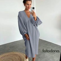 Women Nightdress Lantern Long-Sleeved Skirt Sleepwear V-Neck Cotton Crepe Loose Homewear Elegant