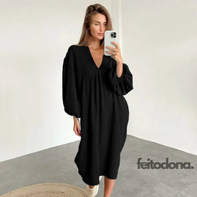 Women Nightdress Lantern Long-Sleeved Skirt Sleepwear V-Neck Cotton Crepe Loose Homewear Elegant