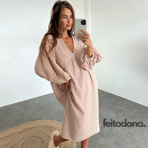 Women Nightdress Lantern Long-Sleeved Skirt Sleepwear V-Neck Cotton Crepe Loose Homewear Elegant