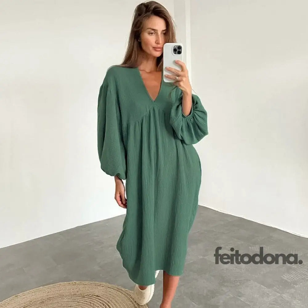 Women Nightdress Lantern Long-Sleeved Skirt Sleepwear V-Neck Cotton Crepe Loose Homewear Elegant