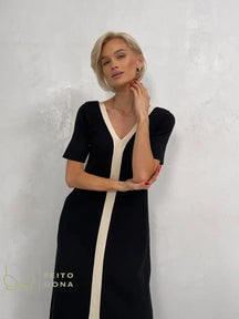 Black White Casual Elegant Vintage Short Sleeve Long Dress Korean Fashion Style Knitted Slim Maxi